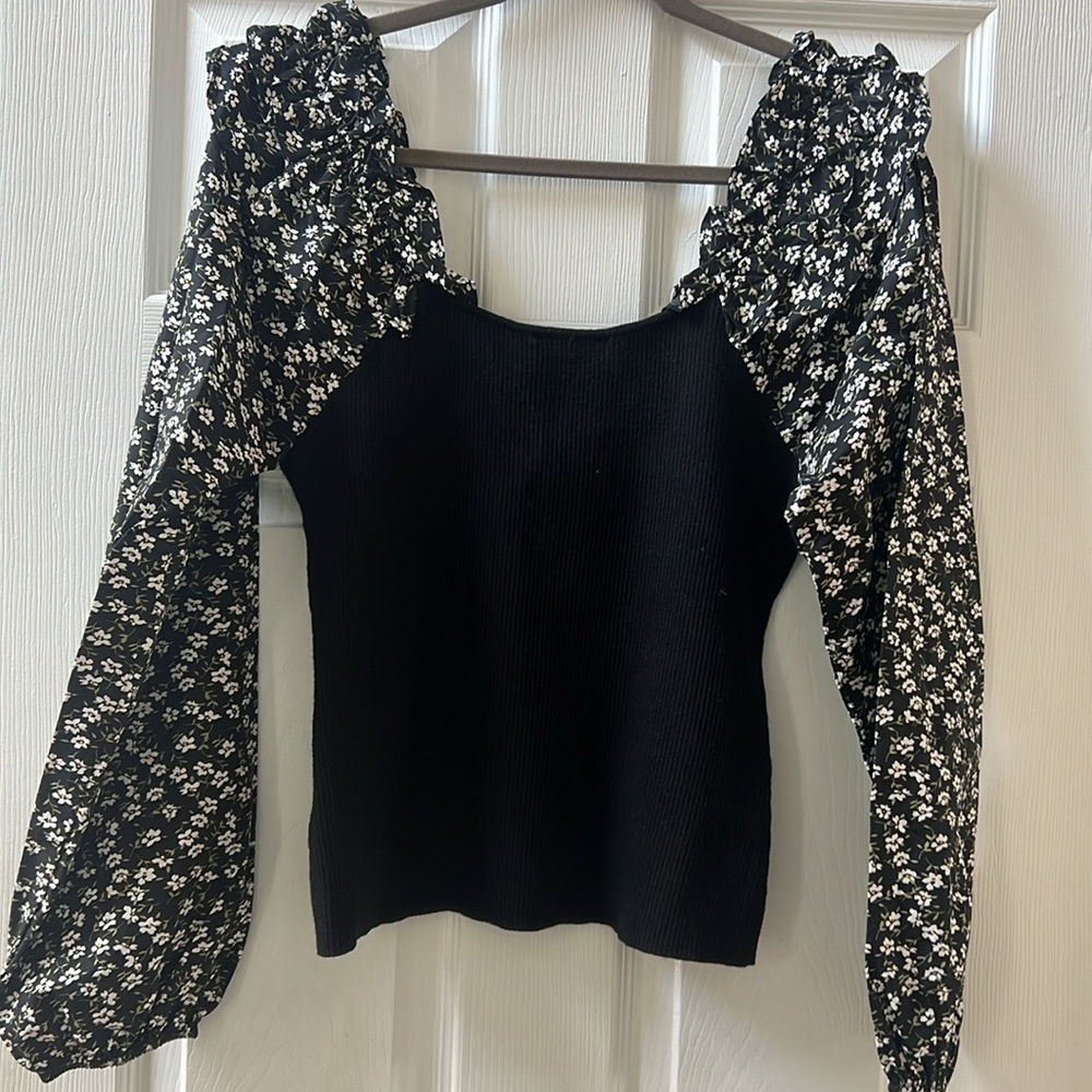 Anthropologie Long-sleeved Blouse w/ Scoop Neck, Sweater Bodice, Balloon Sleeves
